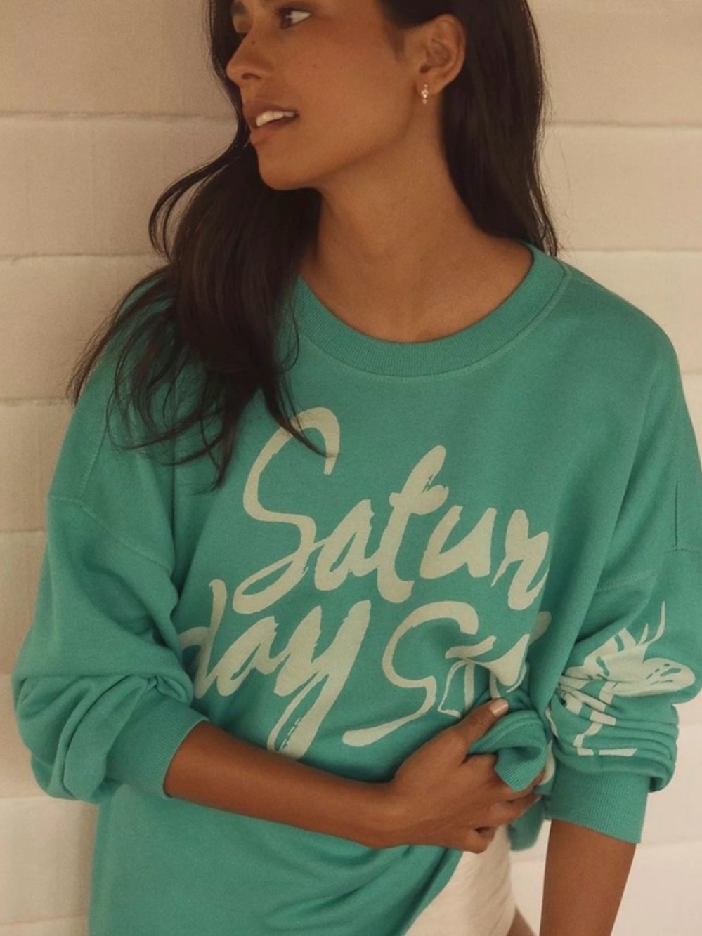 Anthropologie x Lyre Bird Teal Saturday Sunday Graphic Pullover Sweatshirt